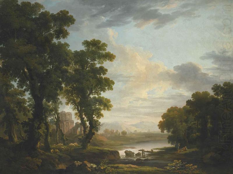 George Barret An extensive wooded river landscape with shepherds recicling in the foreground and ruins beyond oil painting picture
